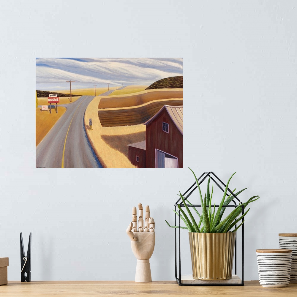 A bohemian room featuring Contemporary painting of a barn and a motel sign along the side of a country road.
