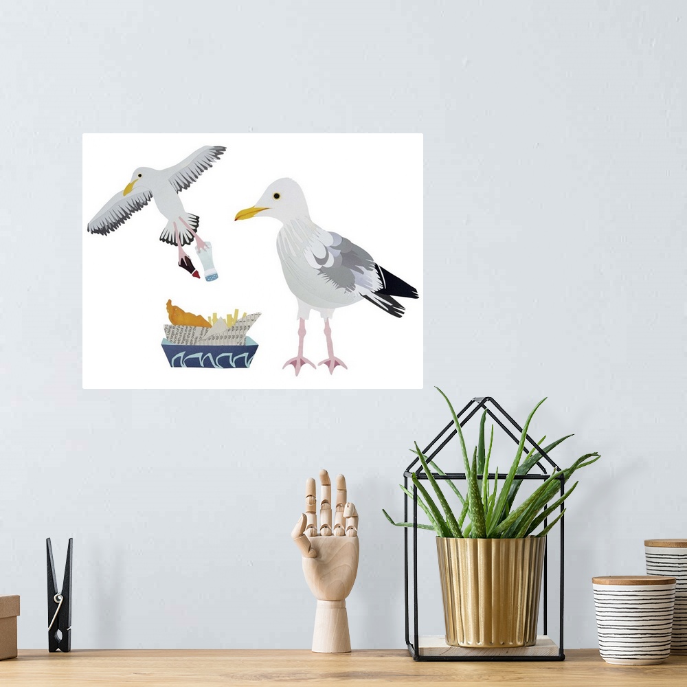 A bohemian room featuring Contemporary paper cut illustration of a gull against a white background, with a flying gull stea...