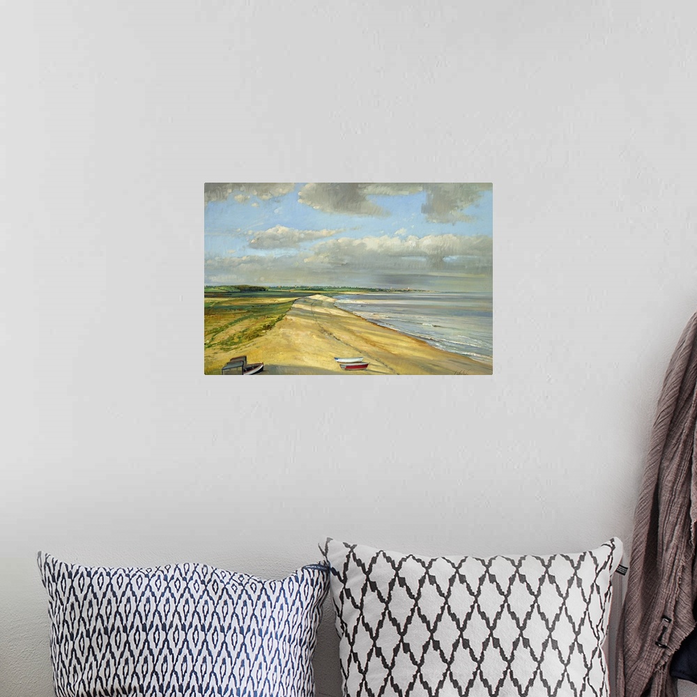 A bohemian room featuring Landscape painting on a large wall hanging of the coastline looking towards Southwold, Suffolk, E...