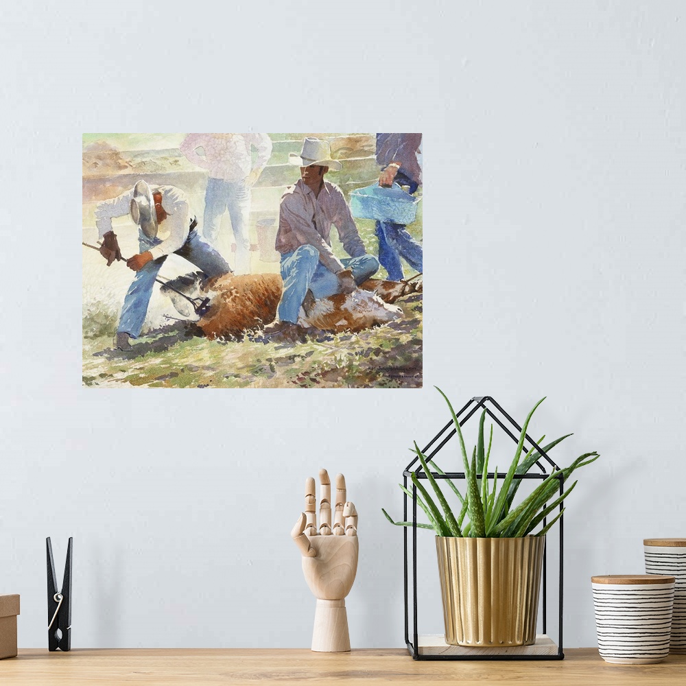 A bohemian room featuring "Spring Branding" is a watercolor of cattle being branded during a spring roundup in California. ...