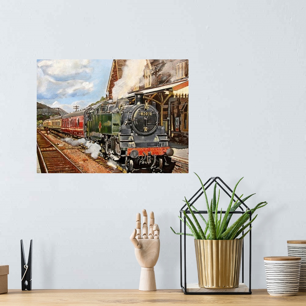 A bohemian room featuring Oil painting on canvas of a steam train pulling up to a train station.