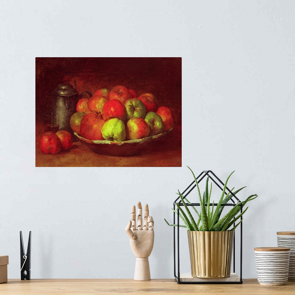 A bohemian room featuring Oil painting on canvas of a bowl full of fruit and a glass and jar next to it.