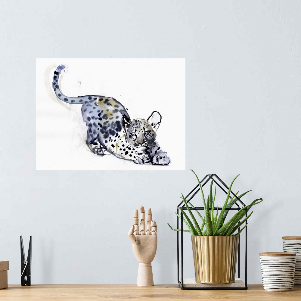 A bohemian room featuring Contemporary wildlife painting of an Arabian Leopard cub.