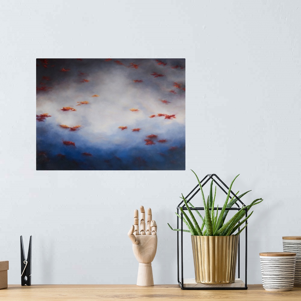 A bohemian room featuring Red leaves floating on water with clouds reflected