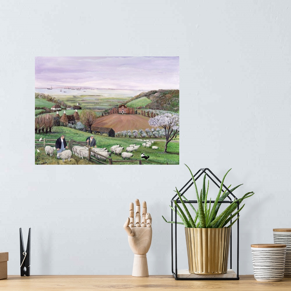 A bohemian room featuring Contemporary painting of shepherds and sheep in the English countryside.