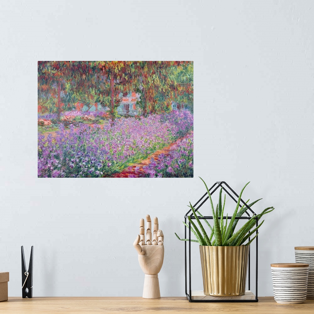 A bohemian room featuring Giant classic art painting showcasing a beautiful garden filled with flowers and surrounding trees.