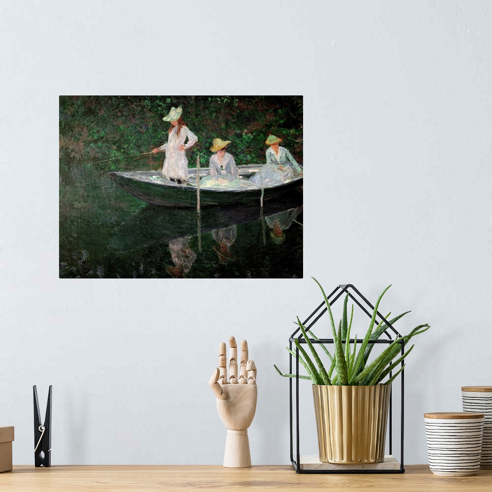 A bohemian room featuring Large, landscape classic painting of three women on a row boat in dresses and sun hats, two are s...