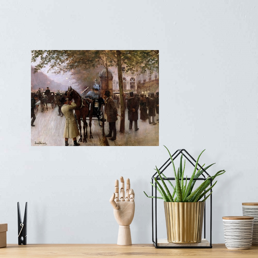 A bohemian room featuring Classical art painting of a busy French street at the turn of the century with horse drawn carria...