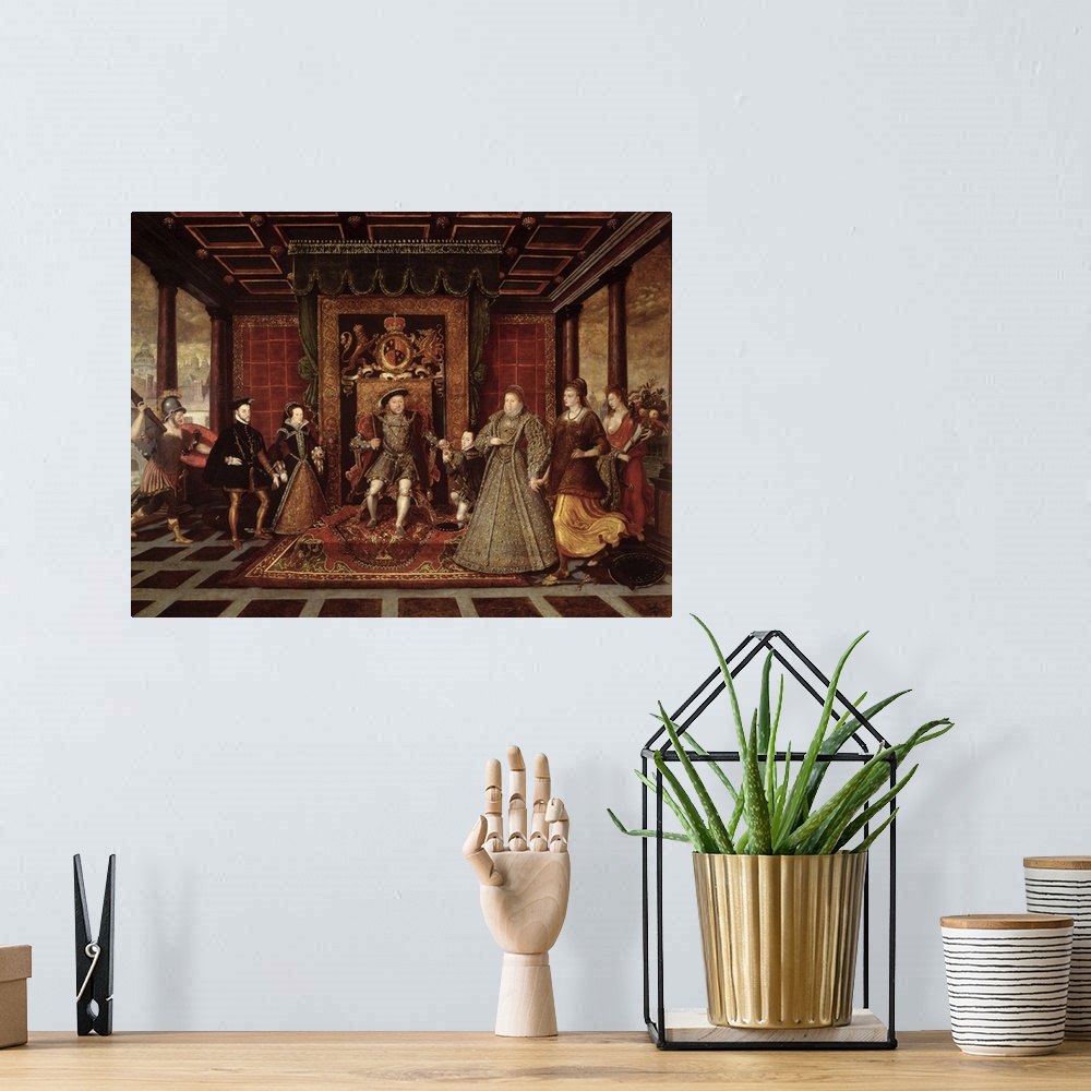 A bohemian room featuring BAL72719 The Family of Henry VIII: An Allegory of the Tudor Succession, c.1570-75 (panel)  by Hee...