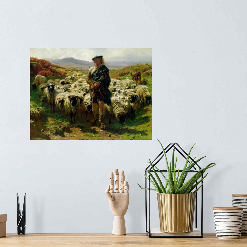 A bohemian room featuring Classic artwork of a shepherd standing in front of his flock in between two small hills.