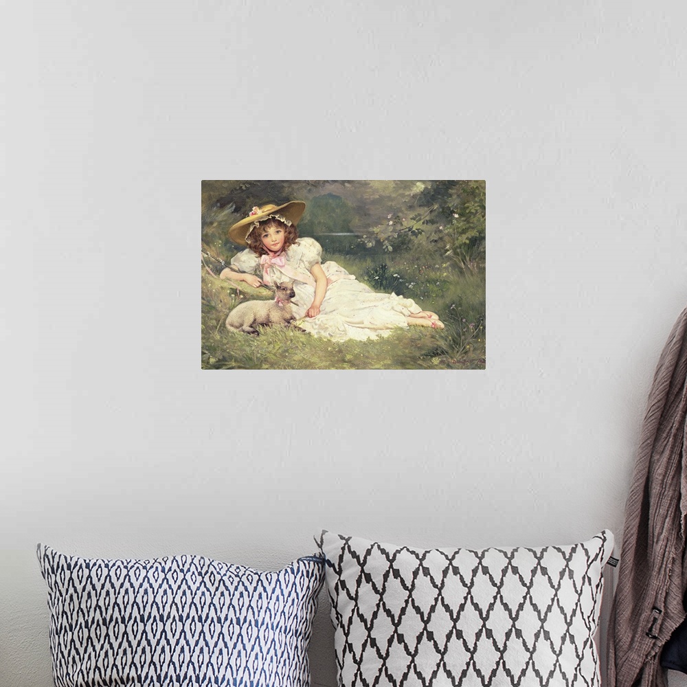A bohemian room featuring BAL82750 The Little Shepherdess  by May, Arthur Dampier (fl.1872-1914); oil on canvas; 40.6x61 cm...