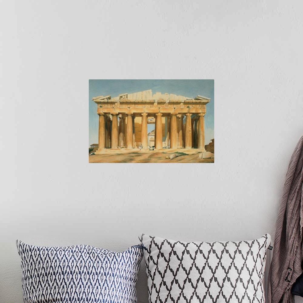 A bohemian room featuring XIR83266 The Parthenon, Athens, 1810-37 (w/c on paper); by Dupre, Louis (1789-1837) (after); wate...