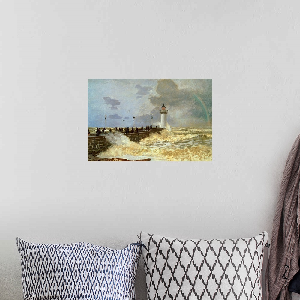 A bohemian room featuring Classic painting of a concrete pier in the ocean with a lighthouse at the end and storm waves spl...