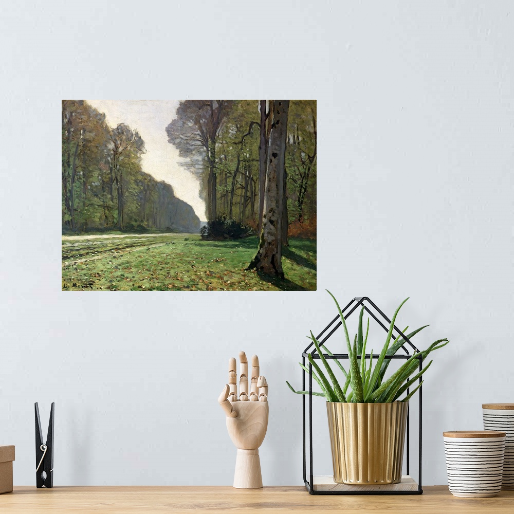 A bohemian room featuring Oil painting on canvas of a path that cuts through a forest.