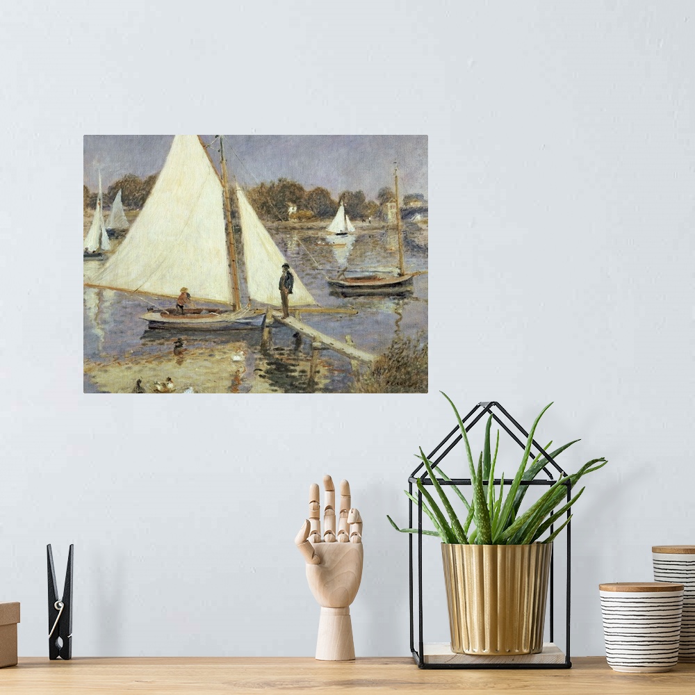 A bohemian room featuring Landscape, classic wall painting of sailboats on the water in Argenteuil, Paris, France.  A man s...
