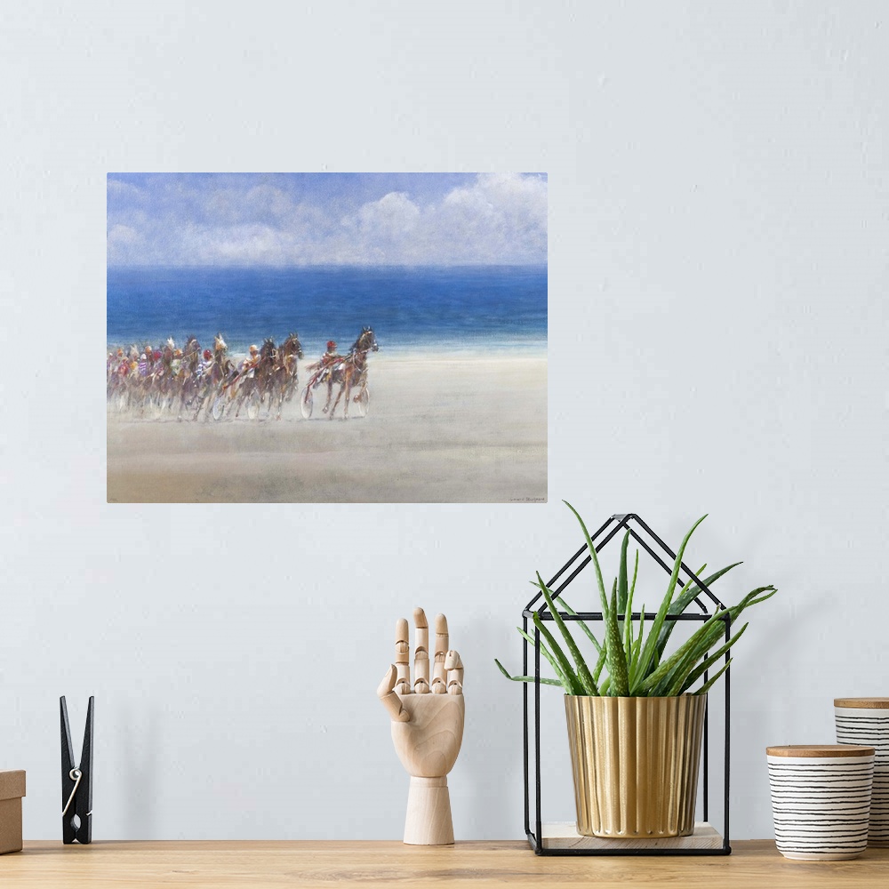 A bohemian room featuring Contemporary painting of a horse cart race on the beach in Brittany, France.