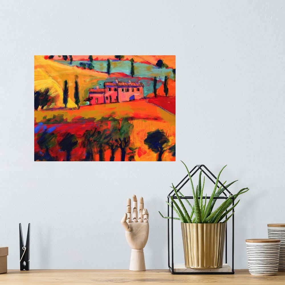 A bohemian room featuring Contemporary painting of Italian countryside with fields, trees, and a home in front of a lake.  ...