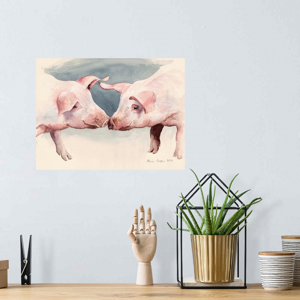 A bohemian room featuring Contemporary painting of two pigs touching snouts.