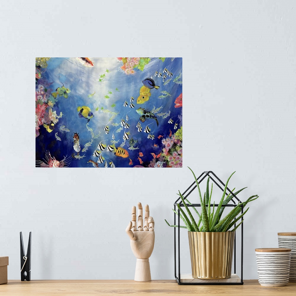 A bohemian room featuring Large, landscape artwork of a colorful, underwater scene with a large variety of tropical fish su...