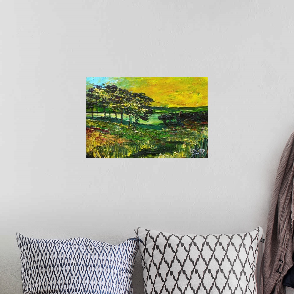 A bohemian room featuring Contemporary painting of a scenic countryside landscape.
