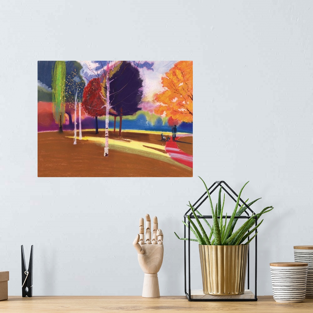 A bohemian room featuring Contemporary painting of a park with vibrant colorful trees.