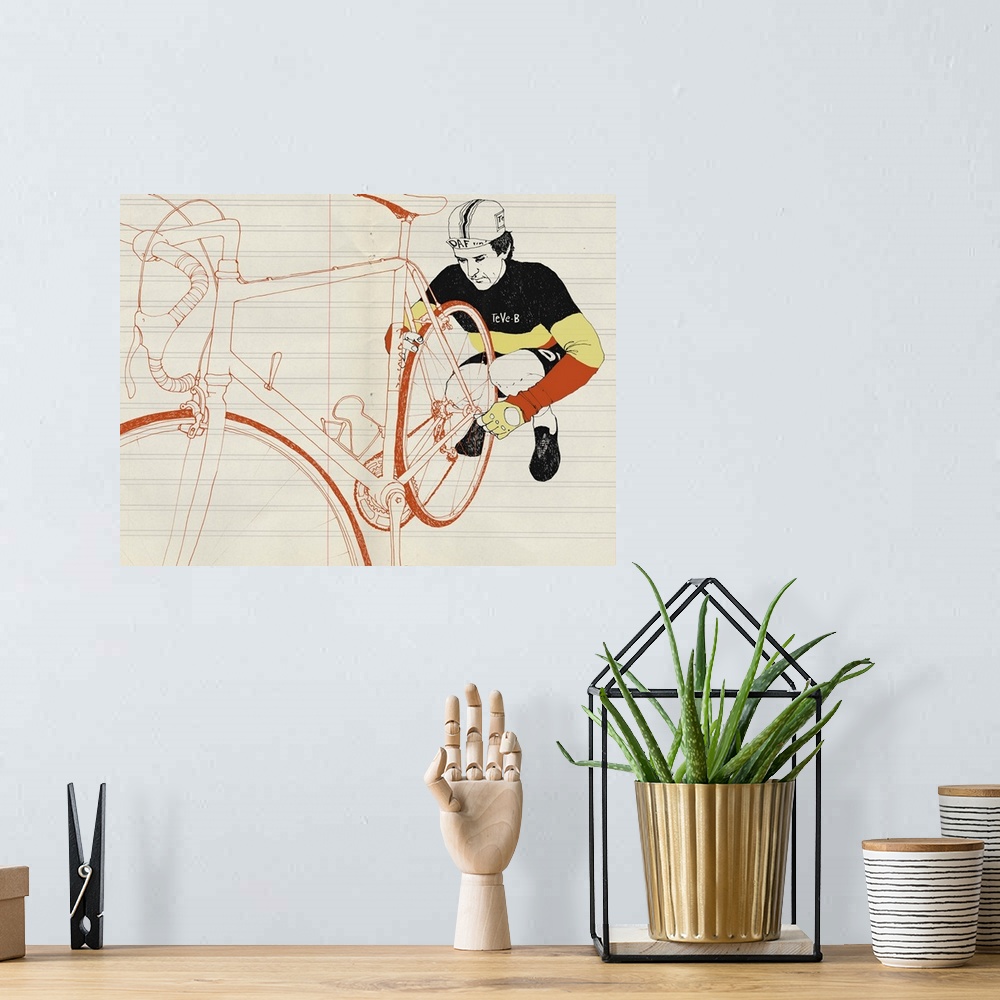 A bohemian room featuring Contemporary illustration of a cyclist knelt down beside his bike inspecting the mechanisms.