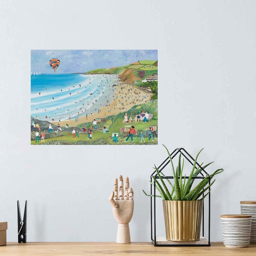 A bohemian room featuring Contemporary artwork of a coastal beach scene.