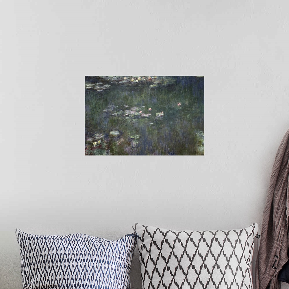 A bohemian room featuring Pastel colored oil painting of flowers and lily pad on lake.