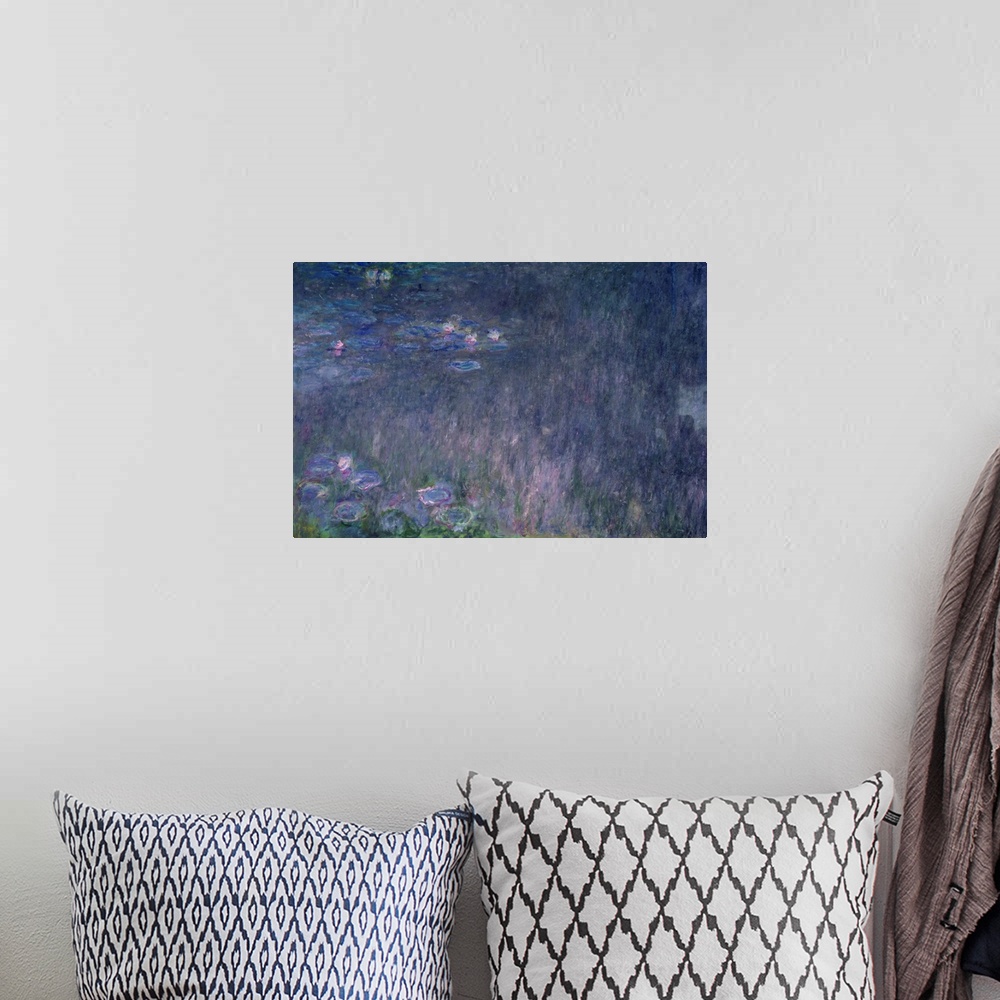 A bohemian room featuring Muted painting of flowers and lily pads in water.