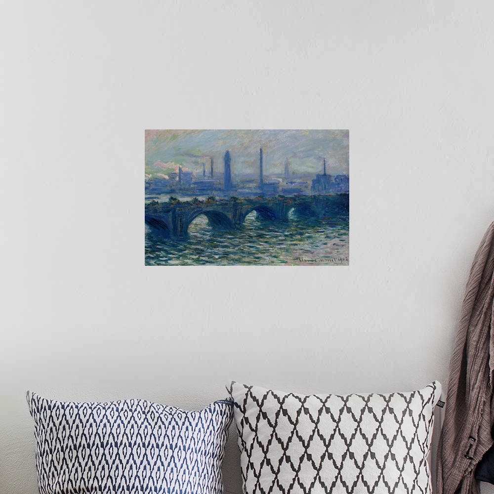 A bohemian room featuring Oil painting of overpass with choppy water below and city skyline in the background.
