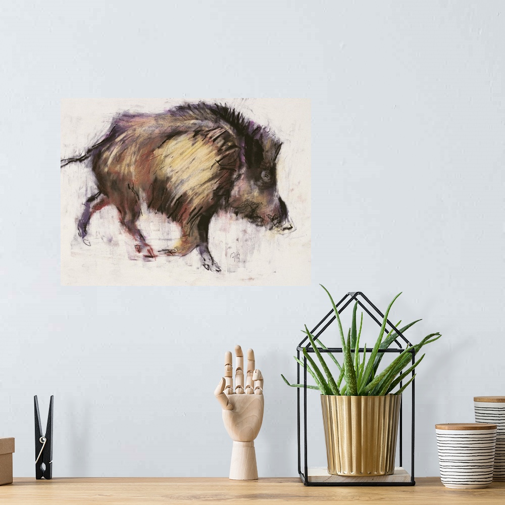 A bohemian room featuring Contemporary painting of a wild boar running.