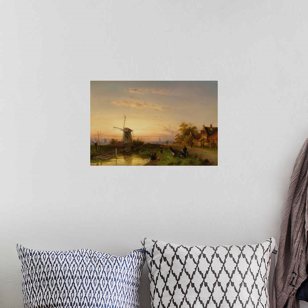 A bohemian room featuring Windmill at Sunset (originally oil on panel).