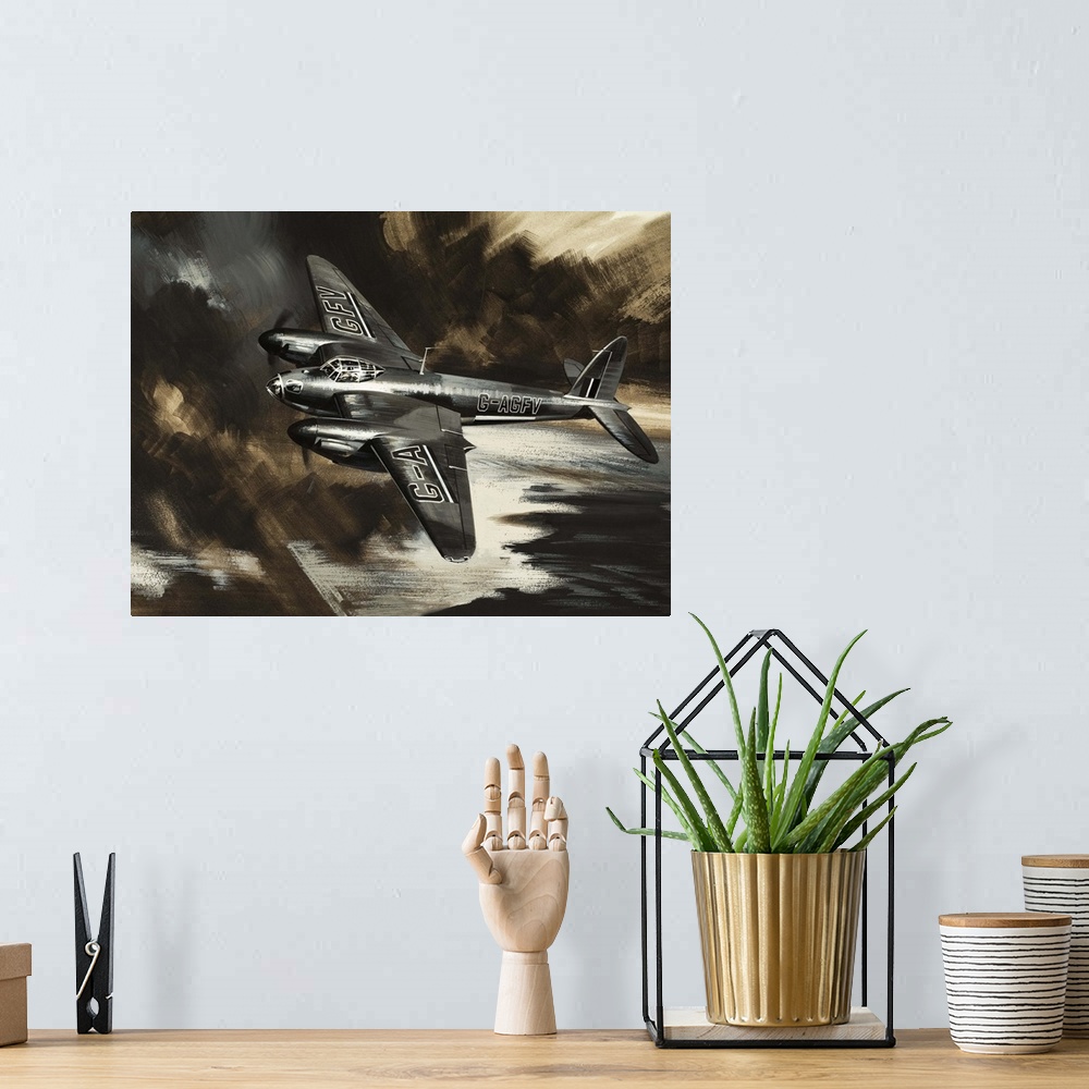 A bohemian room featuring Wings Over the World: Missions to Danger. B.O.A.C.'s first Mosquito. Original artwork for "Look a...