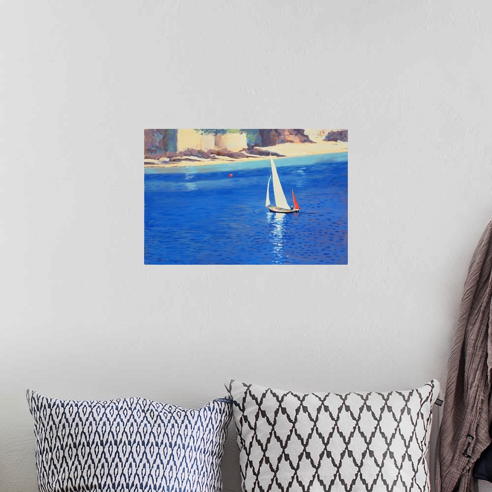 A bohemian room featuring Contemporary painting of sailboats on the water off the English coast.