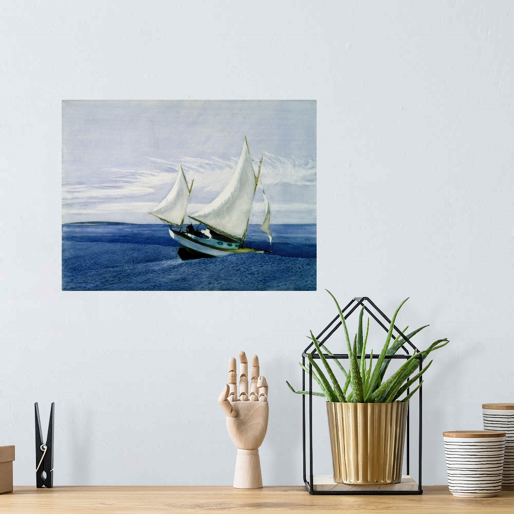 A bohemian room featuring Gold and white sailboat riding over a wave in the blue ocean.