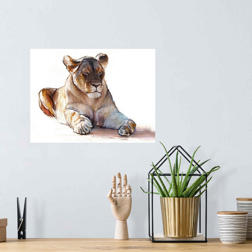A bohemian room featuring Yogi Lioness, 2019. Originally conte and pastel on paper.