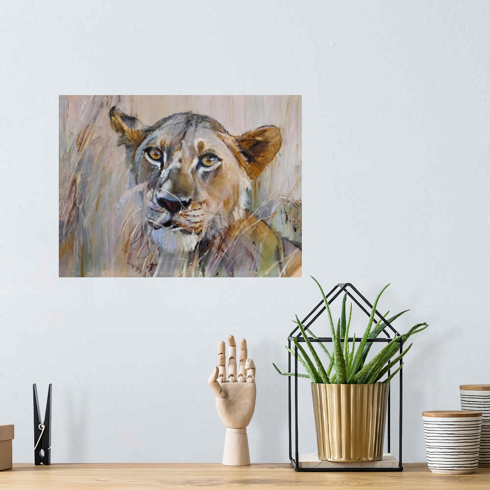 A bohemian room featuring Young Lion in the Grass, 2020. Originally oil on canvas.