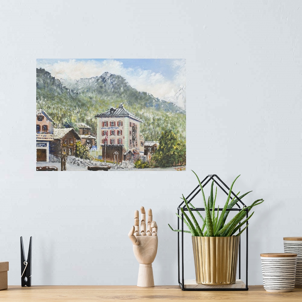 A bohemian room featuring Contemporary painting of a view of a village building with a mountain in the distance in Switzerl...