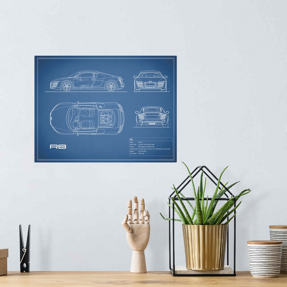 A bohemian room featuring Antique style blueprint diagram of an Audi R8 V10 printed on a Blue background.