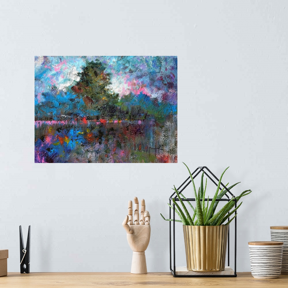 A bohemian room featuring Abstract painting of a tree lined landscape covered in bright pops of pink, red, purple, blue, an...