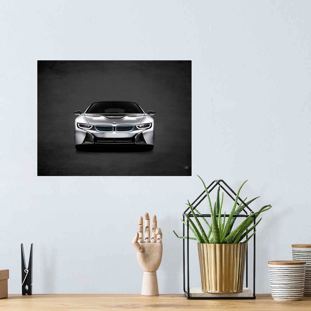 A bohemian room featuring Photograph of a silver BMW i8 printed on a black background with a dark vignette.