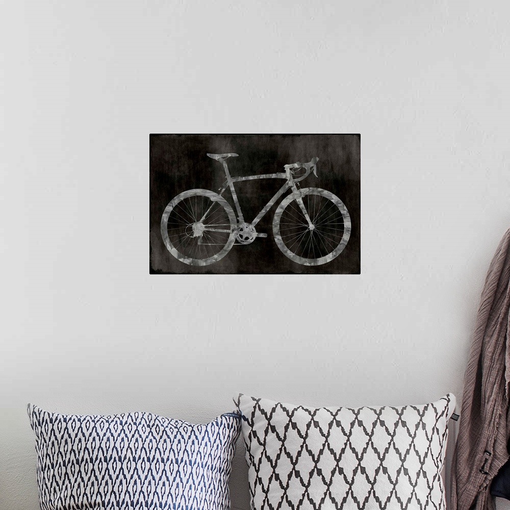 A bohemian room featuring Silver silhouette of a road bicycle on a black faded background.