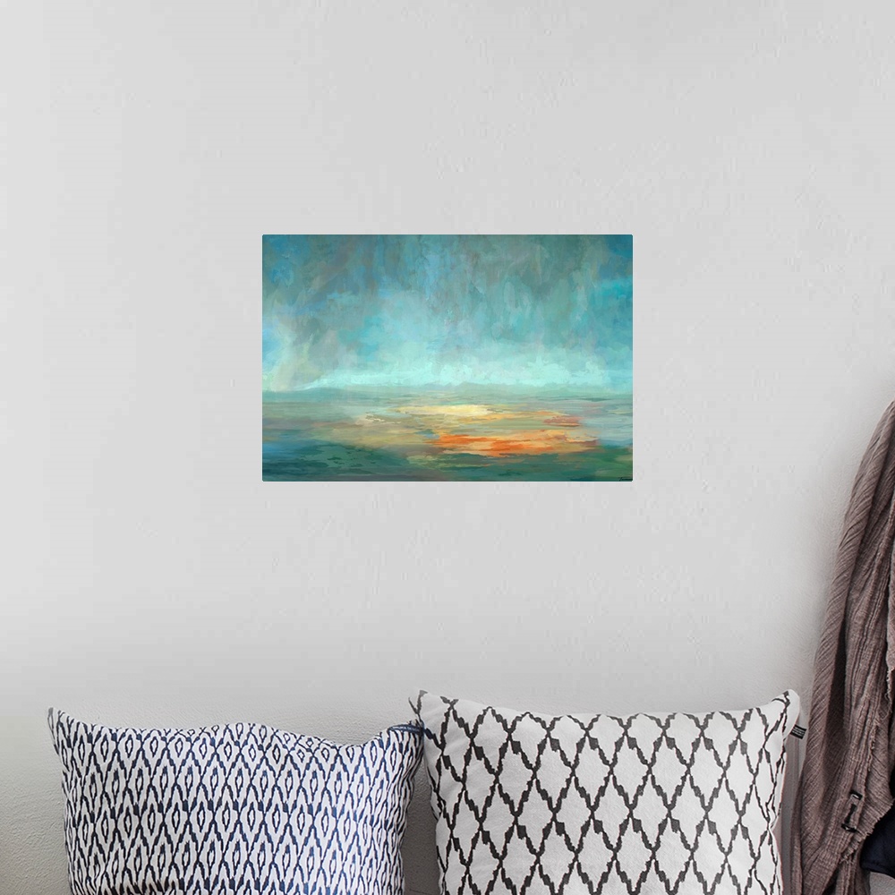 A bohemian room featuring This contemporary artwork features a horizontal landscape with pools of warm orange color popping...