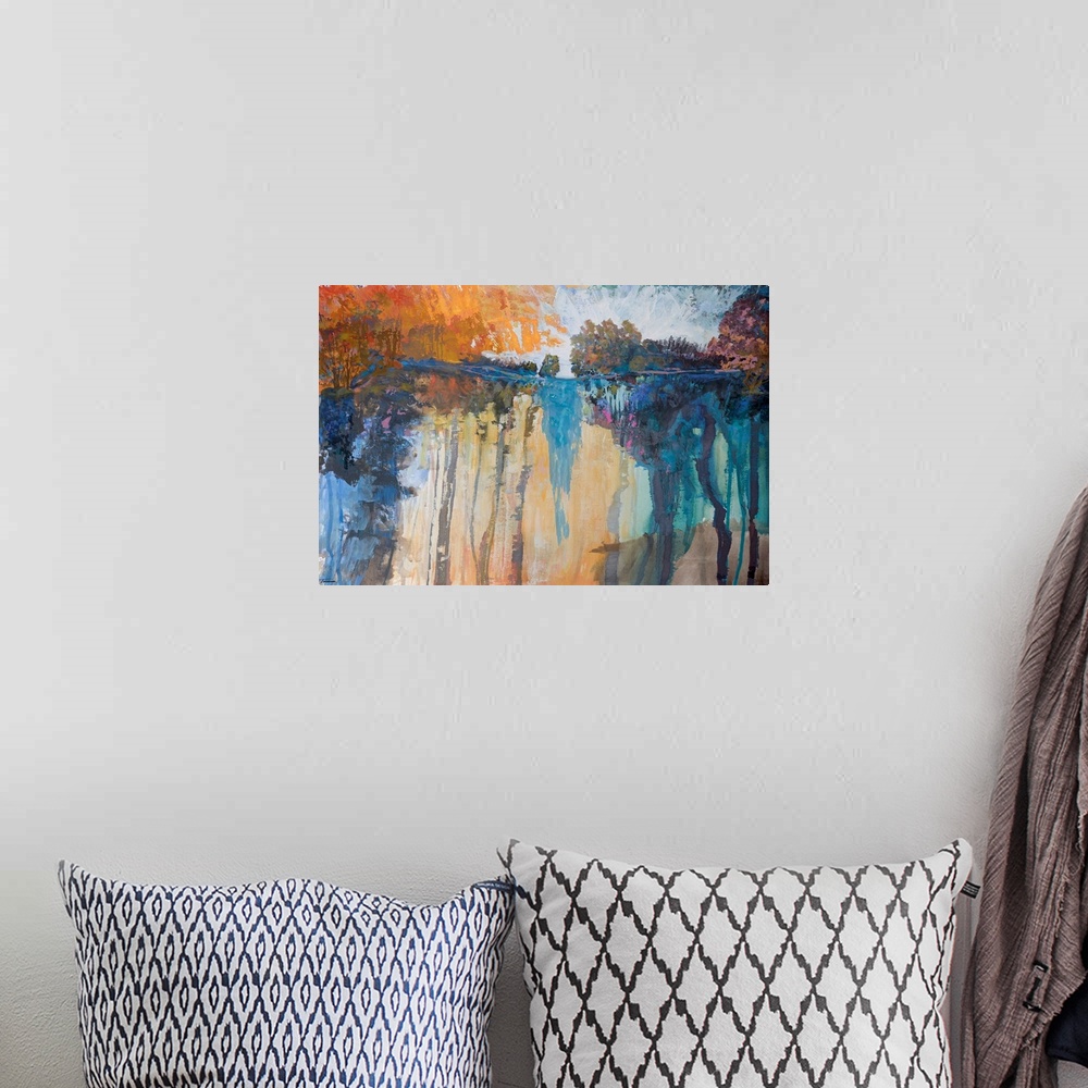 A bohemian room featuring Abstract landscape painting with vibrant dripping hues forming a lake surrounded by trees.