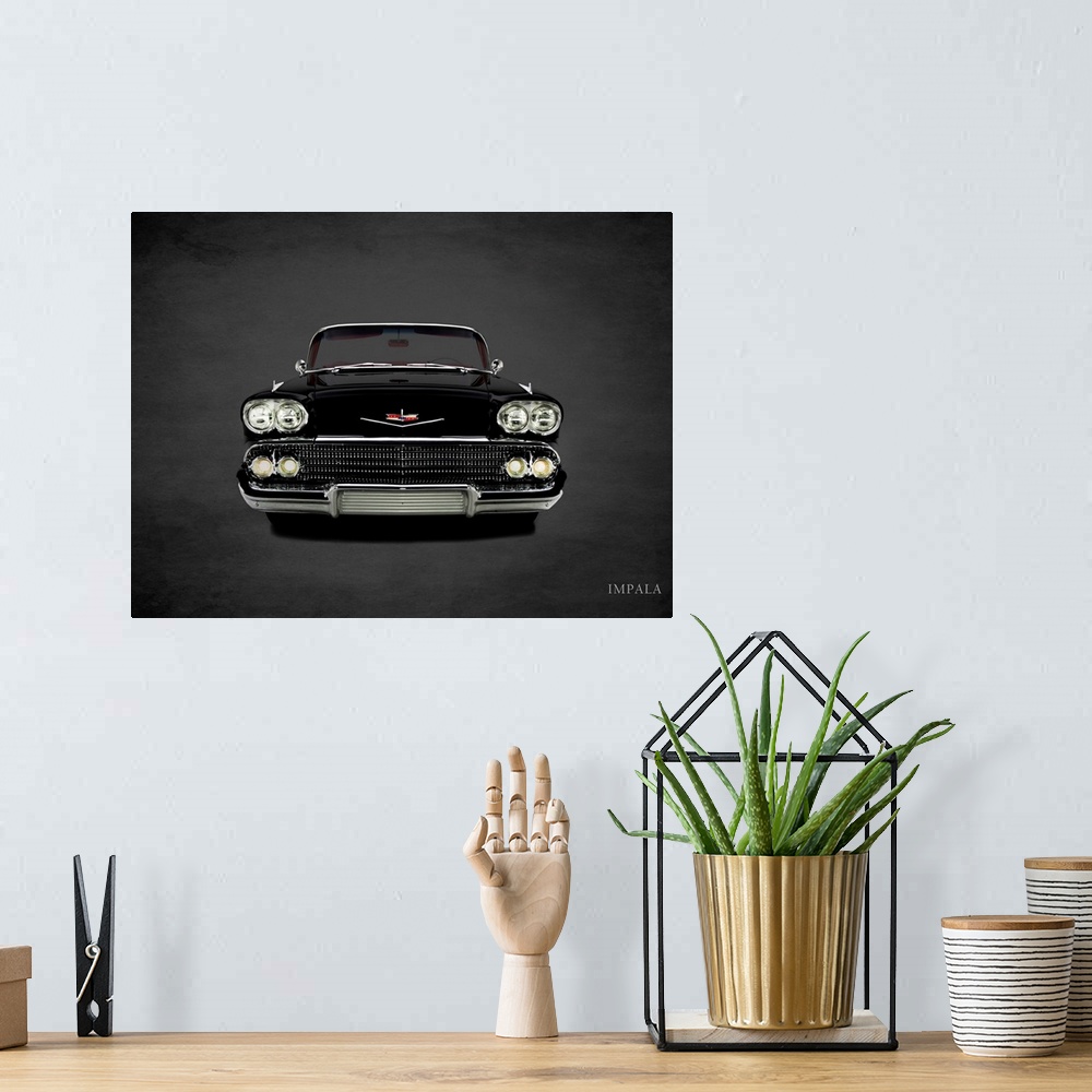 A bohemian room featuring Photograph of a black 1958 Chevrolet Impala printed on a black background with a dark vignette.