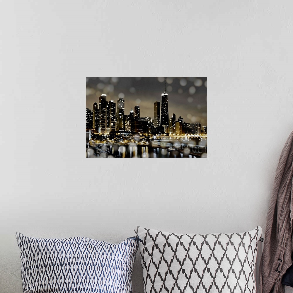A bohemian room featuring The Chicago skyline lit up at night with the harbor and bokeh lights in the foreground.