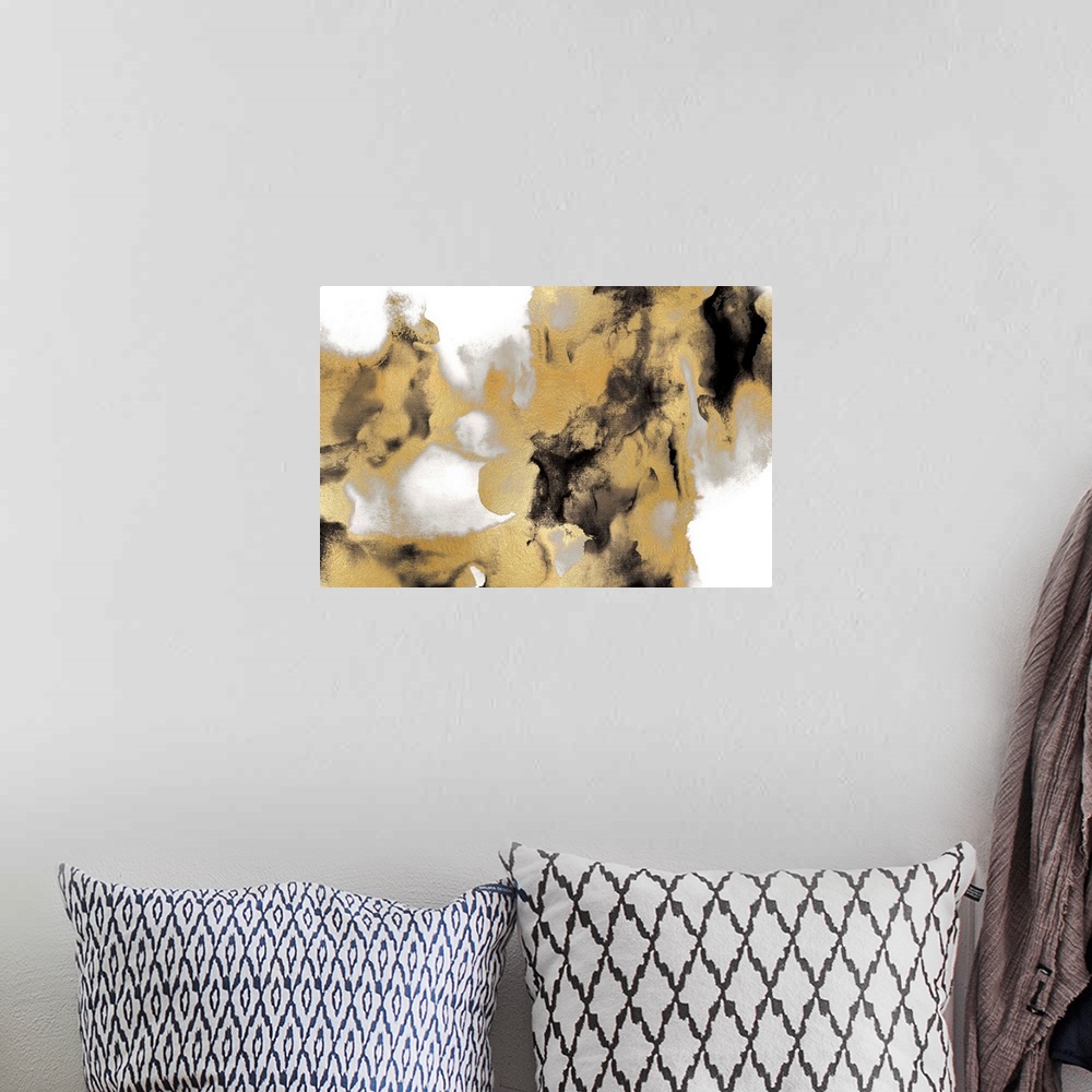 A bohemian room featuring Abstract painting with black, gray, and metallic gold on a white background.