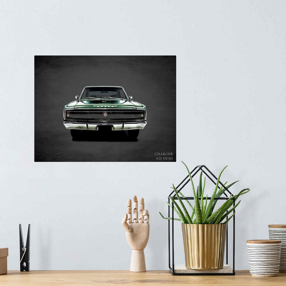 A bohemian room featuring Photograph of a green 1967 Dodge Charger 426Hemi printed on a black background with a dark vignette.