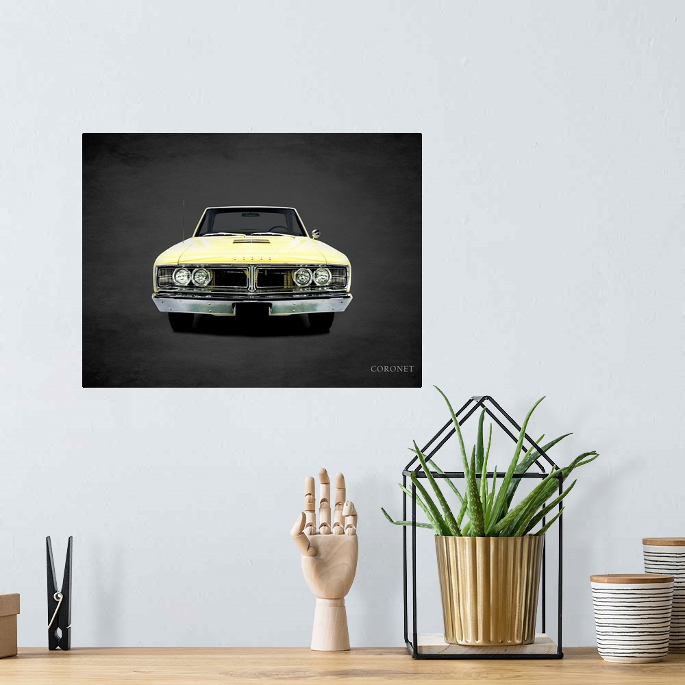 A bohemian room featuring Photograph of a yellow 1966 Dodge Coronet printed on a black background with a dark vignette.