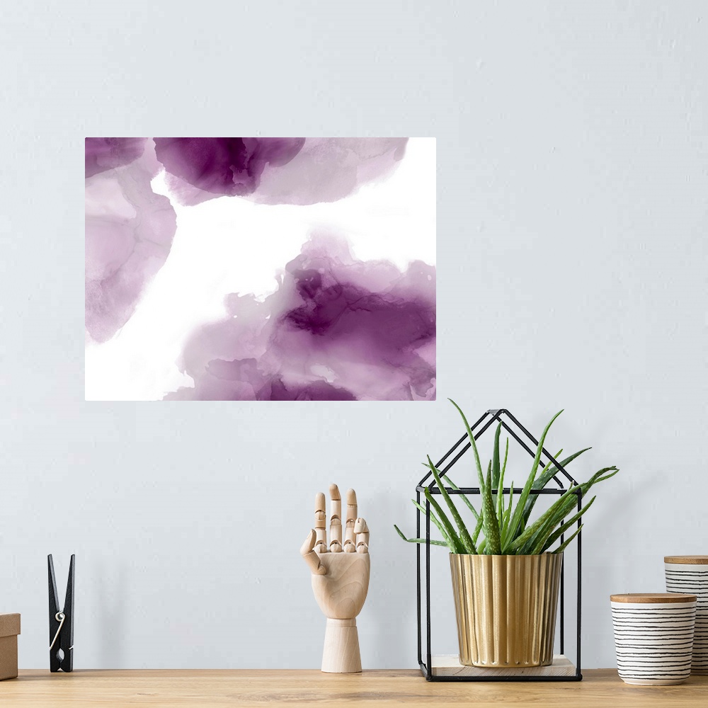 A bohemian room featuring Abstract painting with amethyst purple hues splattered together on a white background.